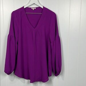Jodifl Womens Tunic M Purple Balloon Sleeves Pullover Vneck Stretch 100% Poly
